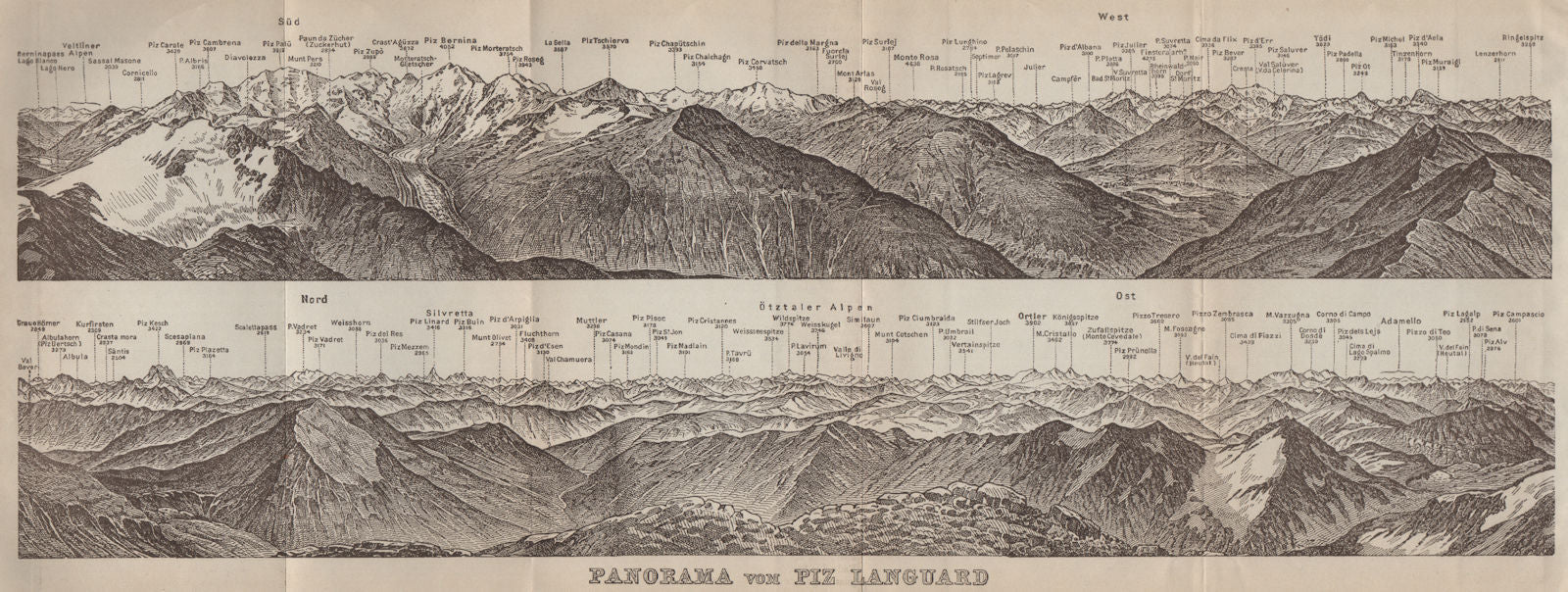 PIZ LANGUARD PANORAMA. Bernina Roseg Monte Rosa Mont Blanc Cristallo 1920 map